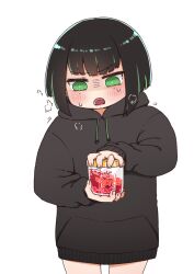 Rule 34 | 1girl, allmind (armored core 6), armored core, armored core 6, black hair, black hoodie, blush, cowboy shot, drawstring, green eyes, green hair, heavy breathing, highres, holding, hood, hood down, hoodie, i.u.y, long sleeves, looking at viewer, multicolored hair, open mouth, puffy long sleeves, puffy sleeves, simple background, sleeves past wrists, solo, standing, streaked hair, translation request, white background