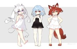 Rule 34 | 3girls, :d, ahoge, animal ear fluff, animal ears, arms behind back, bandaged arm, bandaged leg, bandages, bare arms, bare shoulders, barefoot, black choker, black dress, blue hair, blush, brown hair, choker, closed mouth, commentary request, demon girl, demon horns, demon tail, demon wings, dress, fang, fox ears, fox girl, fox tail, grey background, grey wings, hair between eyes, hands up, horns, long hair, multiple girls, open mouth, original, own hands together, pointy ears, purple eyes, red eyes, saru, sleeveless, sleeveless dress, smile, soles, tail, twintails, twitter username, two-tone background, two side up, very long hair, walking, white background, white dress, white hair, wings, yellow eyes