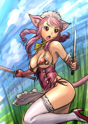 Rule 34 | 1girl, animal ears, apron, bikini, breasts, cat ears, cat tail, corset, dual wielding, elbow gloves, fingerless gloves, gloves, high heels, holding, large breasts, long hair, maid, maid apron, maid headdress, open mouth, original, pink hair, red eyes, shoes, side-tie bikini bottom, sketch, solo, swimsuit, sword, tail, thighhighs, ueyama michirou, waist apron, weapon, white thighhighs