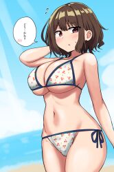 Rule 34 | 1girl, beach, bikini, blue sky, blush, breasts, brown hair, cleavage, cowboy shot, flying sweatdrops, hand in own hair, highres, large breasts, looking at viewer, navel, ocean, original, parted lips, red eyes, senshiya, short hair, side-tie bikini bottom, sky, solo, speech bubble, spoken blush, standing, stomach, sweat, swimsuit, translated, white bikini