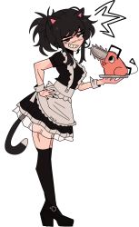 Rule 34 | 1girl, animal ears, apron, black hair, cat ears, cat tail, chainsaw, chainsaw man, dhalsk, hand on own hip, highres, hybrid, looking at viewer, maid, maid apron, medium hair, pochita (chainsaw man), scar, scar on face, simple background, smile, solo focus, tail, tendou michiko, tongue, tongue out, tray, white background, wrist cuffs