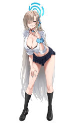 Rule 34 | 1girl, absurdres, asuna (blue archive), black footwear, black skirt, black socks, blue archive, blue eyes, blue halo, blue nails, blue ribbon, blue scrunchie, blush, breasts, cleavage, epko, fingernails, full body, grin, groin, hair over one eye, hair ribbon, halo, highres, large breasts, light brown hair, long hair, looking at viewer, mole, mole on breast, nail polish, navel, pleated skirt, ribbon, scrunchie, shoes, simple background, skirt, smile, socks, solo, white background