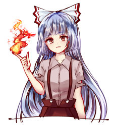 Rule 34 | 1girl, bad id, bad pixiv id, bow, fire, fire, fujiwara no mokou, hair bow, highres, long hair, looking at viewer, open mouth, pants, red eyes, shirt, silver hair, smile, solo, suspenders, torn clothes, torn sleeves, touhou, upper body, uranaishi (miraura), very long hair