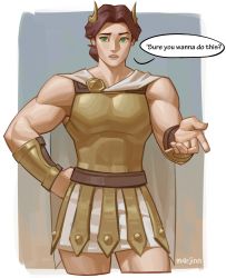 Rule 34 | 1girl, absurdres, armor, biceps, bracer, breastplate, cape, clenched hand, dialogue box, hand on own hip, headband, highres, leather skirt, m4rjinn, muscular, muscular female, original, red hair, simple background, skirt