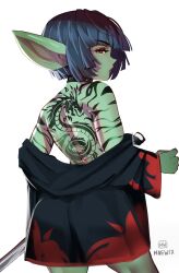 Rule 34 | 1girl, absurdres, arm tattoo, artist name, back tattoo, black choker, black coat, choker, closed mouth, coat, colored skin, cowboy shot, dragon tattoo, female goblin, from behind, goblin, green hair, green skin, half-closed eye, highres, large ears, long pointy ears, long sleeves, maewix (artist), off shoulder, original, pointy ears, red coat, shoulder tattoo, simple background, solo, tattoo, undressing