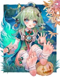 Rule 34 | 1girl, animal ears, barefoot, blue eyes, blurry, blurry background, blush, buxue luo li tang, commentary request, earrings, grass, green hair, hair ornament, highres, honkai: star rail, honkai (series), huohuo (honkai: star rail), jewelry, leaf, night, open mouth, sitting, soles, solo, toes