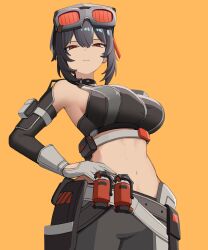 1girl absurdres bare_shoulders belt black_hair black_pants cowboy_shot crop_top goggles goggles_on_head grace_howard grey_belt highres midriff navel orange_background pants red_eyes short_hair solo sports_bra standing stomach yuu_azma zenless_zone_zero