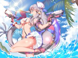 Rule 34 | 1girl, anchor, anpolly, bead bracelet, beads, bikini, blue sky, bracelet, breasts, cloud, copyright request, day, dual wielding, grey eyes, grey hair, gun, hair ornament, hat ornament, highres, holding, holding gun, holding weapon, innertube, jewelry, long hair, looking at viewer, medium breasts, mouth hold, navel, ocean, official art, outdoors, palm tree, pink footwear, sandals, see-through, skirt, sky, solo, standing, standing on one leg, star (symbol), star hair ornament, sunlight, super soaker, suspenders, swim ring, swimsuit, thigh strap, tree, very long hair, wading, water drop, waving, weapon, wet, white headwear, wristband