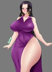 Rule 34 | 1girl, :o, absurdres, black hair, blue eyes, blush, boa hancock, breasts, clothes, dress, ear piercing, embarrassed, female focus, grey background, highres, large breasts, long hair, looking at viewer, nyabeyo, one piece, open mouth, piercing, simple background, solo, thick thighs, thighs