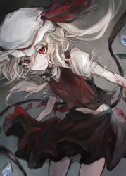 Rule 34 | 1girl, blonde hair, blood, blood on clothes, commentary request, cowboy shot, crystal, fang, flandre scarlet, grey background, grin, hasunokaeru, hat, hat ribbon, highres, long hair, looking at viewer, mob cap, red eyes, red ribbon, red skirt, red vest, ribbon, shirt, short sleeves, side ponytail, skirt, smile, solo, torn sleeve, touhou, vest, white hat, white shirt, wings, yellow neckwear