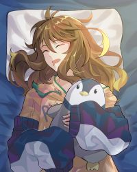 Rule 34 | 1girl, absurdres, amicia michella, blue jacket, brown hair, drooling, closed eyes, highres, hood, hoodie, jacket, long hair, lying, nijisanji, nijisanji id, on back, on bed, open mouth, pillow, sleeping, solo, stuffed animal, stuffed penguin, stuffed toy, tarosicle, virtual youtuber, yellow hoodie