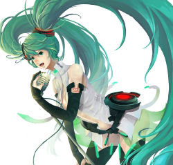 Rule 34 | 1girl, breasts, bridal gauntlets, center opening, green eyes, green hair, hatsune miku, hatsune miku (append), long hair, matching hair/eyes, microphone, microphone stand, navel, necktie, open mouth, simple background, solo, thighhighs, twintails, very long hair, vocaloid, vocaloid append, white background, yupi, yupi (yupi)