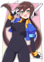 Rule 34 | 1girl, absurdres, aile (mega man zx), black bodysuit, blush, bodysuit, bottomless, breasts, brown hair, buzzlyears, cropped jacket, fang, green eyes, highres, jacket, large breasts, long hair, looking at viewer, mega man (series), mega man zx, mega man zx advent, open clothes, open jacket, open mouth, ponytail, robot ears, simple background, solo, v