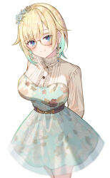 Rule 34 | 1girl, absurdres, aizawa ema, belt, blonde hair, blue dress, blue eyes, blush, brown belt, commentary request, dress, earrings, floral print, flower, flower earrings, glasses, gradient hair, green hair, hair flower, hair ornament, hairband, highres, jewelry, lace, lace-trimmed shirt, lace trim, long sleeves, looking at viewer, multicolored hair, official alternate costume, shirt, short hair, simple background, smile, solo, turtleneck, virtual youtuber, vspo!, white background, white shirt, yellow-framed eyewear, yoto 4102