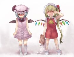 Rule 34 | 2girls, aged down, aqua hair, asymmetrical hair, bare arms, bat wings, blonde hair, blush, bow, broken, brooch, child, closed eyes, commentary request, crying, crying with eyes open, curtsey, dress, fangs, flandre scarlet, gradient background, hat, hat ribbon, jewelry, long hair, mimoto (aszxdfcv), mob cap, multiple girls, open mouth, pink dress, red dress, red eyes, remilia scarlet, ribbon, rubbing eyes, siblings, side ponytail, sisters, sleeveless, sleeveless dress, stuffed animal, stuffed toy, tears, teddy bear, touhou, very long hair, wavy mouth, wings