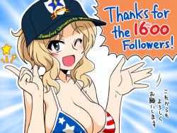 Rule 34 | 1girl, ;d, american flag bikini, bikini, black headwear, blonde hair, blue eyes, breasts, cleavage, clothes writing, commentary request, emblem, english text, flag print, girls und panzer, hair up, index finger raised, kay (girls und panzer), large breasts, long hair, looking at viewer, medium hair, milestone celebration, motion lines, one eye closed, oosaka kanagawa, open mouth, print headwear, saunders (emblem), short ponytail, smile, solo, star (symbol), swimsuit, translated