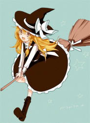 Rule 34 | 1girl, :d, bad id, bad pixiv id, blonde hair, boots, bow, braid, broom, broom riding, cross-laced footwear, dress, female focus, grey eyes, hair bow, hat, hat ribbon, kirisame marisa, lace-up boots, long hair, open mouth, ribbon, rin (royal), single braid, smile, solo, star (symbol), touhou, witch, witch hat
