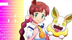 Rule 34 | 1girl, braid, braided ponytail, brown hair, chloe (pokemon), closed mouth, collared dress, commentary request, copyright name, creatures (company), dress, flower, game freak, gen 8 pokemon, green eyes, hair flower, hair ornament, hand up, highres, kuroki shigewo, long hair, looking at viewer, nintendo, pink flower, pokemon, pokemon (anime), pokemon (creature), pokemon journeys, school uniform, short sleeves, smile, split mouth, vermilion city school uniform, white dress, yamper, yellow neckwear