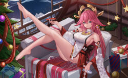 Rule 34 | 1girl, :/, absurdres, animal ears, bare legs, bare shoulders, barefoot, bottle, box, breasts, cherry blossom print, christmas, christmas ornaments, christmas tree, couch, cup, detached sleeves, earrings, feet, floppy ears, floral print, foot up, fox ears, genshin impact, gift, gift box, hair between eyes, hair ornament, highres, holding, holding bottle, holding cup, indoors, jewelry, kulayueyue, large breasts, legs, legs up, long hair, looking at viewer, night, nontraditional miko, on couch, pillow, pink hair, purple eyes, sakazuki, shirt, sideboob, sitting, sleeveless, sleeveless turtleneck, snowing, soles, solo, star ornament, thighs, toes, tokkuri, turtleneck, very long hair, white shirt, wide sleeves, window, yae miko