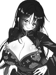 Rule 34 | 1girl, blush, breasts, china dress, chinese clothes, chinese knot, cleavage, coat, dress, floral print, goddess of victory: nikke, greyscale, hand on own hip, highres, huge breasts, long hair, long sleeves, looking at viewer, monochrome, moran (nikke), simple background, smile, solo, uniofthedead, upper body