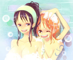 Rule 34 | 2girls, bath, blue eyes, breasts, bubble, censored, convenient censoring, hand on head, happy, large breasts, long hair, looking back, multiple girls, nail polish, nami (one piece), nico robin, nude, one piece, open mouth, orange hair, purple hair, short hair, smile, steam, sweat, tattoo, washing, wink, yellow eyes