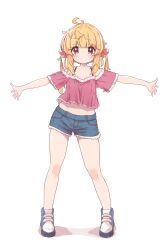 Rule 34 | 1girl, absurdres, aoi tori, blonde hair, blue footwear, blush, breasts, collarbone, denim, denim shorts, full body, grin, hair bobbles, hair ornament, highres, long hair, midriff peek, navel, orange eyes, original, outstretched arms, pink shirt, shadow, shirt, shoes, shorts, simple background, small breasts, smile, sneakers, solo, spaghetti strap, spread arms, standing, white background