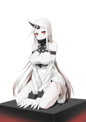 Rule 34 | 10s, 1girl, absurdres, abyssal ship, claws, colored skin, detached sleeves, dress, gradient hair, highres, horns, kantai collection, long hair, looking at viewer, multicolored hair, red eyes, seaport princess, single horn, sitting, solo, tsuki kanou, very long hair, wariza, white dress, white hair, white skin, yueye (blbl-y)