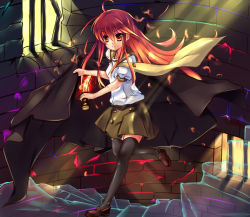 Rule 34 | 1girl, ahoge, alastor (shakugan no shana), baisi shaonian, bars, black thighhighs, fire, flaming sword, flaming weapon, holding, jacket, jewelry, loafers, long hair, necklace, necktie, red eyes, red hair, school uniform, serafuku, shakugan no shana, shana, shoes, solo, stairs, sword, thighhighs, weapon, zettai ryouiki