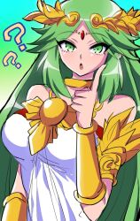 Rule 34 | 1girl, ?, ??, ancient greek clothes, anru (a-alsace-a), armlet, bare shoulders, breasts, chain, chiton, circlet, diadem, forehead jewel, gold chain, greco-roman clothes, green eyes, green hair, highres, jewelry, kid icarus, kid icarus uprising, large breasts, long hair, neck ring, nintendo, palutena, parted bangs, pendant, solo, tiara, upper body, vambraces, very long hair
