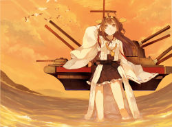 Rule 34 | 10s, 1girl, ahoge, bird, brown eyes, brown hair, cannon, cosmic (crownclowncosmic), flying, hair ornament, hand in own hair, japanese clothes, kantai collection, kongou (kancolle), long hair, long sleeves, ocean, personification, red sky, sash, seagull, shirt, skirt, sky, smile, soaking feet, solo, wading, water, wide sleeves