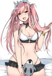 Rule 34 | 1girl, anoshabu, baby penguin, bad id, bad twitter id, bikini, bird, blush, breasts, cleavage, commentary, fate/grand order, fate (series), holding, holding own hair, long hair, medb (fate), medb (swimsuit saber) (fate), medb (swimsuit saber) (second ascension) (fate), medium breasts, navel, penguin, pink hair, sitting, smile, solo, swimsuit, thighs, twintails, white background