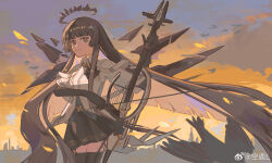 Rule 34 | 1girl, absurdly long hair, animal, arknights, artist name, ascot, backlighting, belt, belt buckle, bird, black ascot, black belt, black bird, black garter straps, black gloves, black hair, black halo, black skirt, black thighhighs, black wings, blue sky, blunt bangs, breasts, bright pupils, broken halo, buckle, cello, chinese commentary, chinese text, cityscape, closed mouth, cloud, cloudy sky, collared jacket, colored inner hair, commentary request, cowboy shot, dark halo, dawn, detached wings, elbow gloves, energy wings, floating hair, garter straps, gloves, grey hair, grey shirt, halo, highres, hime cut, holding, holding bow (music), holding instrument, holding violin, instrument, jacket, layered sleeves, long hair, long sleeves, looking at viewer, looking to the side, miniskirt, mole, mole under eye, multicolored hair, multicolored sky, music, outdoors, playing, playing instrument, pleated skirt, shade, shadow, shirt, short over long sleeves, short sleeved jacket, short sleeves, sidelocks, sideways glance, skirt, sky, small breasts, smile, solo, standing, straight hair, sunlight, thighhighs, two-tone hair, very long hair, violin, virtuosa (arknights), watermark, weibo 7814552075, weibo logo, weibo username, white belt, white jacket, white pupils, wide sleeves, wing collar, wings, yellow sky, zettai ryouiki