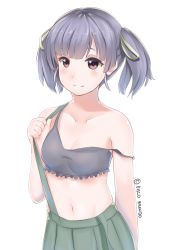 Rule 34 | 10s, 1girl, bad id, bad pixiv id, bare shoulders, black bra, blunt bangs, blush, bra, breasts, brown eyes, disco brando, frilled bra, frills, grey hair, grin, hair ribbon, highres, kantai collection, looking at viewer, navel, no shirt, ooshio (kancolle), pleated skirt, purple hair, ribbon, short hair, simple background, skirt, small breasts, smile, solo, strap slip, suspender skirt, suspenders, suspenders pull, suspenders slip, twintails, underwear, upper body, white background
