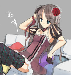 Rule 34 | 01 0219, 1girl, black thighhighs, blue eyes, bow, brown hair, choker, couch, detached sleeves, dress, flat chest, flower, gloves, hair flower, hair ornament, lace, long hair, lying, multicolored clothes, multicolored legwear, original, patterned legwear, rose, sitting, sketch, solo, thighhighs, white upholstery
