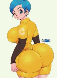Rule 34 | 1girl, artist name, ass, blue eyes, blue hair, bodysuit, bulma, collared shirt, covered erect nipples, cowboy shot, dragon ball, dragon ball super, dragon ball super super hero, earrings, female focus, highres, huge ass, jay-marvel, jewelry, long sleeves, looking at viewer, matching hair/eyes, mature female, one eye closed, shirt, shorts, simple background, skin tight, solo, thick thighs, thighs, wide hips, wink, yellow shirt, yellow shorts