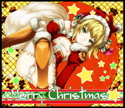 Rule 34 | 10s, 1girl, alternate breast size, argyle, argyle background, argyle clothes, blonde hair, boots, christmas, detached sleeves, english text, epaulettes, fate/extra, fate/stay night, fate (series), flat chest, green eyes, hat, lying, merry christmas, moku (racie45bv), nero claudius (fate), nero claudius (fate) (all), nero claudius (fate/extra), nipples, on back, panties, pantyshot, sack, santa costume, santa hat, short hair, smile, solo, star (symbol), thighhighs, underwear, white panties