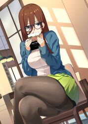 1girl averting_eyes blue_cardigan blue_eyes book breasts brown_hair brown_pantyhose cardigan commentary_request covering_own_mouth crossed_legs glasses go-toubun_no_hanayome green_skirt hair_between_eyes highres holding holding_book indoors kosmos_beta large_breasts long_hair long_hair_between_eyes nakano_miku on_chair pantyhose pleated_skirt school_uniform shirt sitting skirt solo thick_thighs thighband_pantyhose thighs variant_set white_shirt