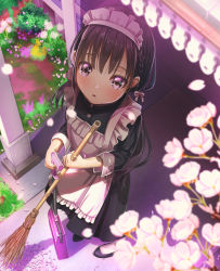 Rule 34 | 1girl, aiuabo, apron, bamboo broom, black hair, blurry, blurry foreground, braid, broom, cherry blossoms, depth of field, french braid, highres, holding, long hair, looking at viewer, looking up, maid, maid apron, maid headdress, original, petals, solo, twintails