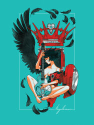 Rule 34 | 1girl, aqua background, bare shoulders, black feathers, black hair, black wings, breasts, closed eyes, crown, electric guitar, falling feathers, feathered wings, feathers, guilty gear, guilty gear strive, guitar, highres, i-no, instrument, maddestmao, medium breasts, mole, mole above mouth, nail polish, red lips, red nails, short hair, single wing, toenail polish, toenails, venus symbol, wings