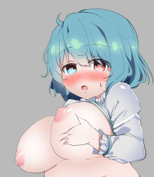 Rule 34 | 1girl, :o, blue eyes, blue hair, blush, breasts squeezed together, breasts, clothes lift, deep skin, fat, fat rolls, half-closed eyes, heart, heart-shaped pupils, heterochromia, highres, juliet sleeves, large breasts, long sleeves, looking at viewer, matching hair/eyes, messy hair, nipples, nose blush, open mouth, plump, puffy sleeves, red eyes, grabbing own breast, shirt, shirt lift, short hair, solo, sweat, symbol-shaped pupils, takimoto yukari, tatara kogasa, torogao, touhou, upper body