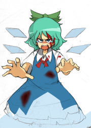 Rule 34 | 1girl, angry, aqua hair, artist request, blood, blood on face, blood on clothes, blue dress, blue eyes, blue hair, bow, cirno, dress, fairy wings, hair bow, hair ornament, ice, koishi komeiji&#039;s heart-throbbing adventure, matching hair/eyes, necktie, open mouth, outstretched hand, ribbon, short hair, sketch, solo, tears, touhou, wings