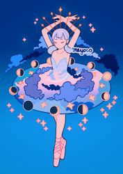 Rule 34 | 1girl, armpits, arms up, artist name, ballerina, ballet, ballet slippers, blue background, closed eyes, cloud, crescent moon, dancing, expressionless, full body, full moon, gibbous moon, gradient background, half moon, meyoco, moon, moon phases, new moon, original, pink footwear, purple hair, solo, standing, star (symbol)