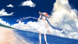 Rule 34 | 1girl, absurdres, alternate costume, bare shoulders, barefoot, beach, blue hair, blue sky, bow, clog sandals, closed eyes, cloud, commentary request, day, dress, dutch angle, facing viewer, fang, flower, foot out of frame, hair bow, hand on headwear, hand up, hat, hat flower, highres, holding, holding shoes, light blush, long hair, multiple hair bows, n03+, ocean, open mouth, otomachi una, outdoors, red flower, shoes, short dress, sky, smile, solo, spaghetti strap, standing, standing on one leg, straw hat, summer, sundress, twintails, very long hair, vocaloid, wading, waves, white bow, white dress, wide shot, wind, wind lift