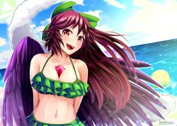 Rule 34 | 1girl, alternate costume, bikini, bird wings, black wings, blue sky, blush, bow, breasts, brown hair, cleavage, cloud, commentary request, feathered wings, female focus, frilled bikini, frills, green bikini, green bow, hair bow, horizon, large breasts, long hair, looking at viewer, messy hair, ocean, open mouth, outdoors, red eyes, reiuji utsuho, signature, sky, solo, swimsuit, third eye, torinosukei, touhou, upper body, water, wings