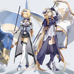 Rule 34 | 2girls, absurdly long hair, arknights, armor, banner, black dress, black thighhighs, blonde hair, blue eyes, blue hairband, braid, braided ponytail, closed eyes, commentary, cosplay, crossover, dress, fate/grand order, fate (series), flag, grape (pixiv27523889), hairband, highres, holding, holding flag, horns, jeanne d&#039;arc (fate), jeanne d&#039;arc (ruler) (fate), jeanne d&#039;arc (ruler) (fate) (cosplay), long hair, looking at viewer, metal hairband, multiple girls, open mouth, pointy ears, saileach (arknights), saileach (arknights) (cosplay), shadow, smile, standing, thighhighs, trait connection, twin braids, very long hair, white thighhighs