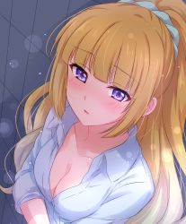 Rule 34 | 1girl, blonde hair, blunt bangs, blush, breasts, cleavage, collared shirt, commentary, highres, karuizawa kei, lens flare, lens flare abuse, light particles, long hair, long sleeves, looking at viewer, medium breasts, parted lips, ponytail, purple eyes, scrunchie, sekina, shirt, sleeves rolled up, solo, standing, unbuttoned, unbuttoned shirt, upper body, white shirt, youkoso jitsuryoku shijou shugi no kyoushitsu e