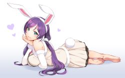Rule 34 | 10s, 1girl, animal ears, bad id, bad pixiv id, bare shoulders, barefoot, blush, breasts, rabbit ears, rabbit tail, playboy bunny, head rest, detached sleeves, dress, earmuffs, fake animal ears, fur trim, green eyes, hairband, heart, highres, large breasts, long hair, looking at viewer, love live!, love live! school idol festival, love live! school idol project, lying, on stomach, parted lips, purple hair, smile, soles, solo, tail, tojo nozomi, tuuuh
