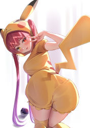 Rule 34 | 1girl, all fours, ass, black ribbon, blush, breasts, commentary request, cosplay, creatures (company), from behind, game freak, gen 1 pokemon, gradient hair, hair ribbon, hand up, heterochromia, highres, hololive, hood, hood up, houshou marine, long hair, looking at viewer, looking back, multicolored hair, nintendo, nyaa28, parted lips, pikachu, pikachu (cosplay), pikachu costume, pikachu hood, pikachu tail, poke ball, poke kid (pokemon), poke kid (pokemon) (cosplay), pokemon, pokemon bdsp, pokemon tail, purple hair, red eyes, ribbon, short sleeves, shorts, simple background, smile, solo, tail, thighhighs, twintails, v, very long hair, virtual youtuber, yellow eyes, yellow shorts, yellow thighhighs