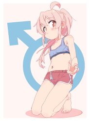 Rule 34 | 1girl, :/, ahoge, alternate hairstyle, armpit crease, armpit peek, bare arms, bare legs, bare shoulders, barefoot, blue sports bra, blush, border, bright pupils, brown eyes, closed mouth, collarbone, commentary, dolphin shorts, drawstring, eyes visible through hair, from below, from side, full body, hair between eyes, hair up, highres, jaggy lines, kneeling, legs together, long hair, looking at viewer, looking to the side, mars symbol, midriff, nasuna (hotjiji 0371), navel, onii-chan wa oshimai!, outside border, oyama mahiro, pink background, pink hair, ponytail, red shorts, short shorts, shorts, sidelocks, solo, sports bra, stomach, thick eyelashes, thighs, tiptoes, toes, v, white border