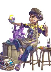 Rule 34 | 1boy, :q, ?, alternate costume, apron, basket, bright pupils, brown apron, brown headwear, character doll, child, commentary request, crate, creatures (company), dark-skinned male, dark skin, egg, game freak, gen 8 pokemon, hands up, hat, highres, holding, holding paintbrush, hop (pokemon), komame (st beans), male focus, nintendo, paintbrush, palette (object), pants, pokemon, pokemon (creature), pokemon swsh, sandals, shirt, short hair, sitting, stool, tongue, tongue out, toxel, white pupils, yellow eyes